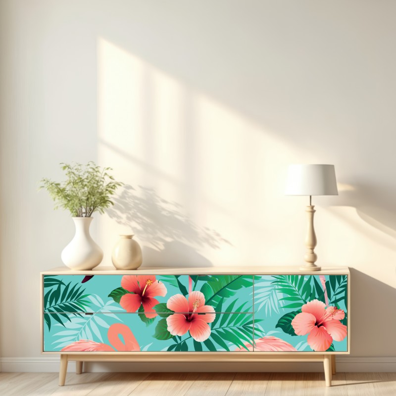 Naklejka repozycjonowalna tropikalna oaza z flamingami – Wallissimo® Naklejka repozycjonowalna tropikalna oaza z flamingami – Wallissimo®