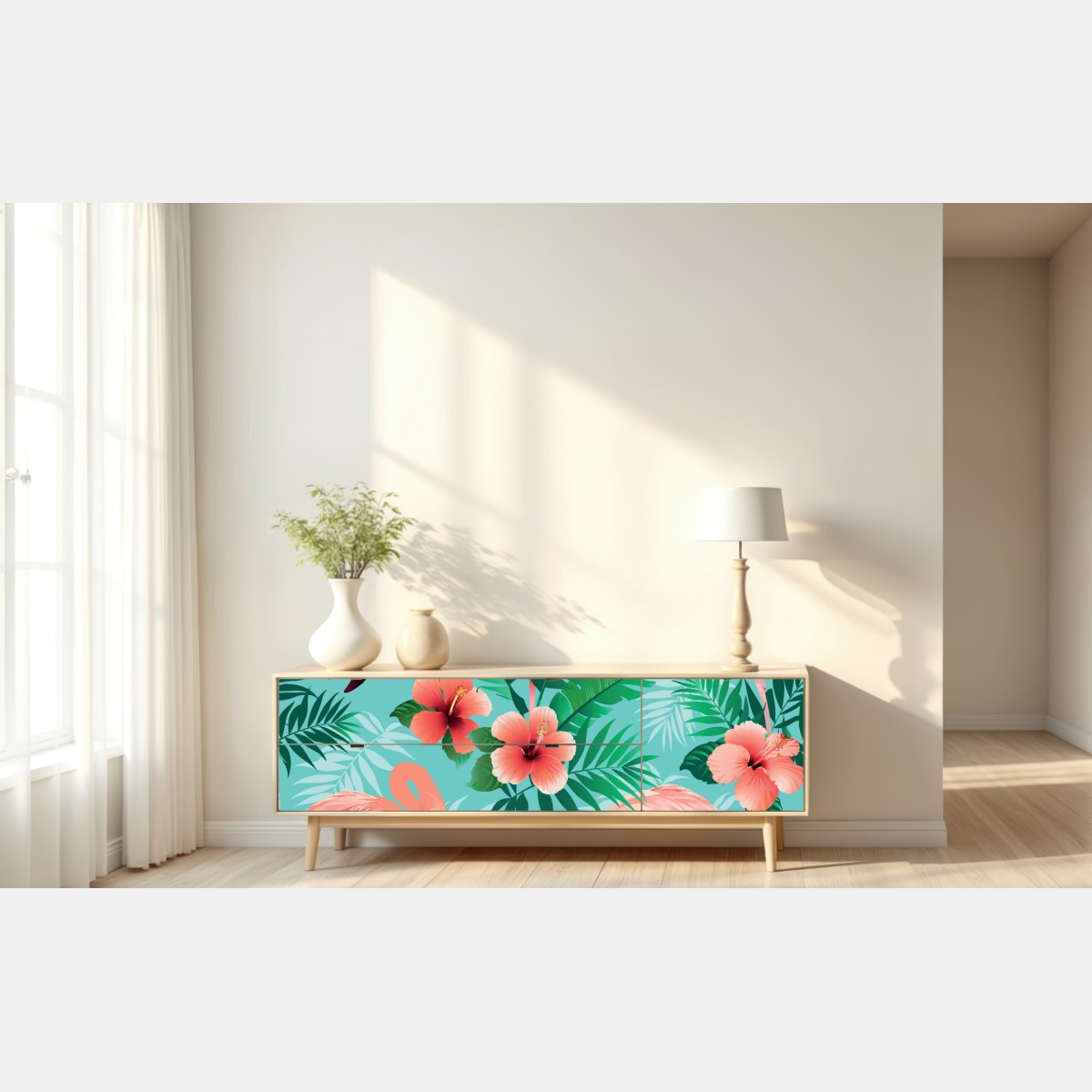 Naklejka repozycjonowalna tropikalna oaza z flamingami – Wallissimo® Naklejka repozycjonowalna tropikalna oaza z flamingami – Wallissimo®