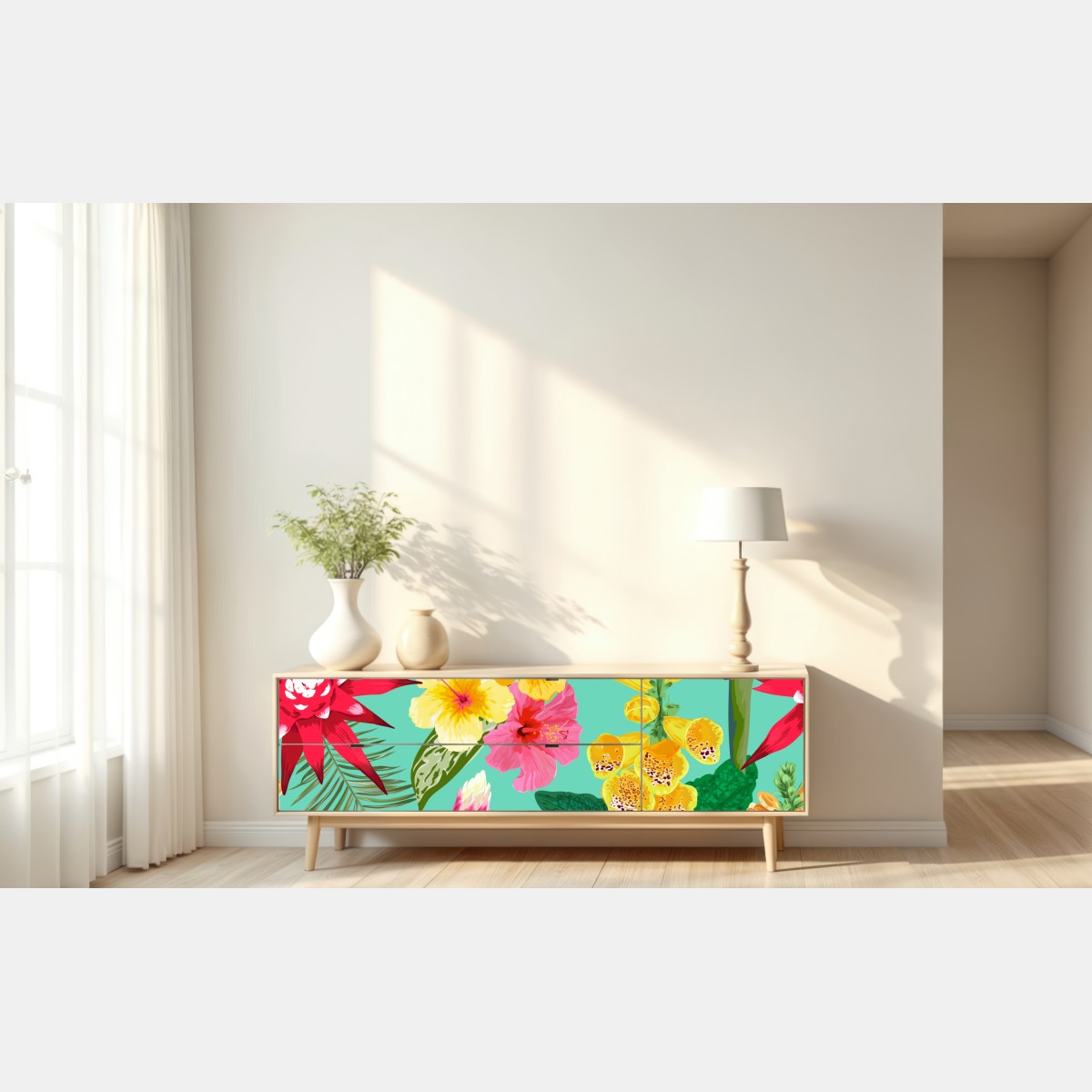 Naklejka repozycjonowalna tropikalne kwiaty na turkusowym tle – Wallissimo® Naklejka repozycjonowalna tropikalne kwiaty na turkusowym tle – Wallissimo®