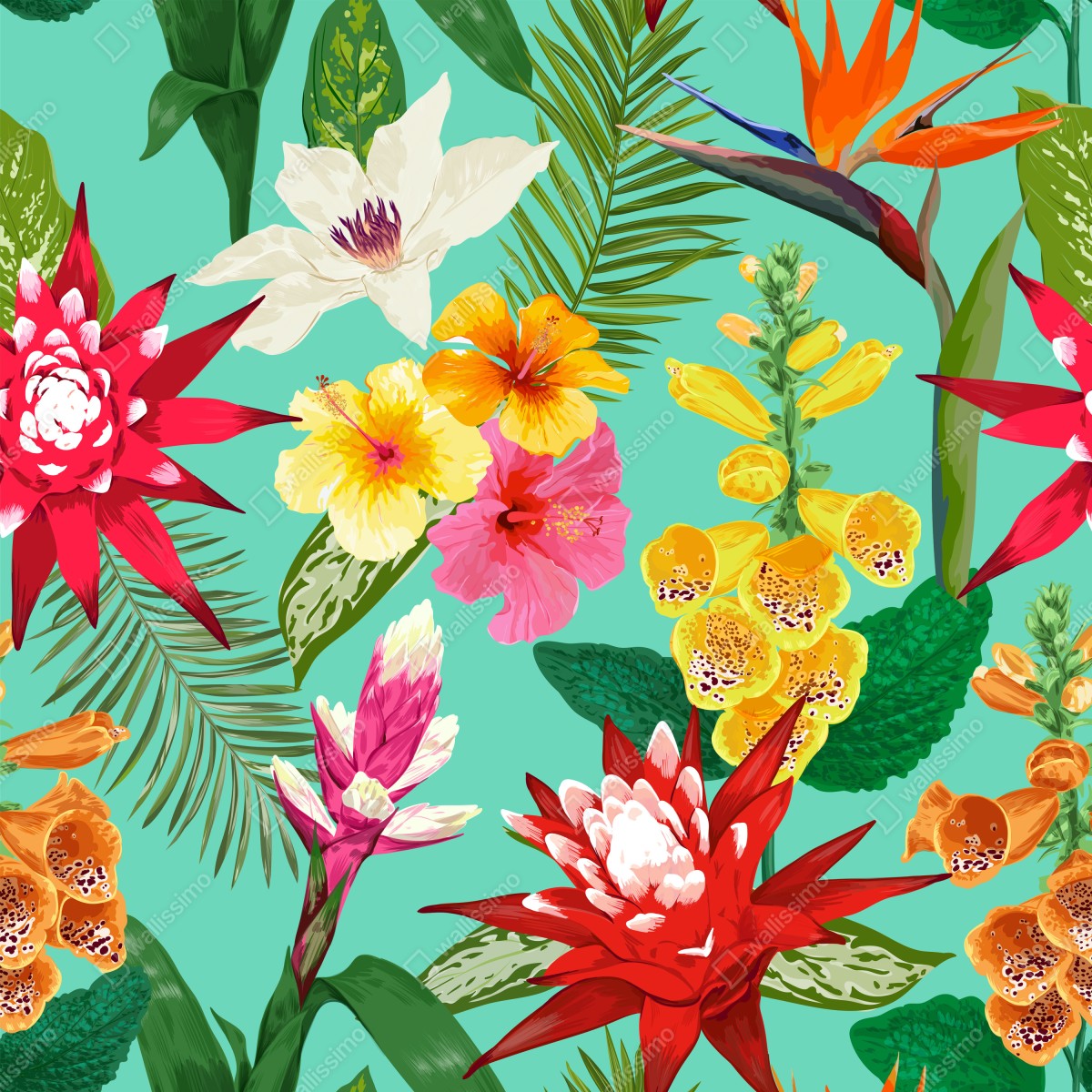Naklejka repozycjonowalna tropikalne kwiaty na turkusowym tle – Wallissimo® Naklejka repozycjonowalna tropikalne kwiaty na turkusowym tle – Wallissimo®