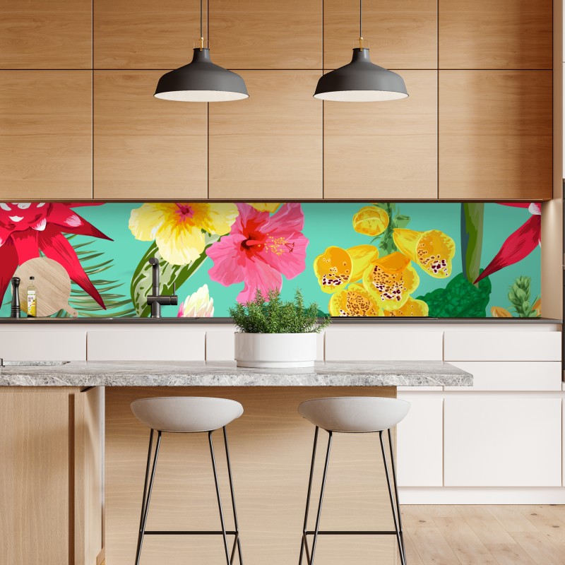 Naklejka repozycjonowalna tropikalne kwiaty na turkusowym tle – Wallissimo® Naklejka repozycjonowalna tropikalne kwiaty na turkusowym tle – Wallissimo®