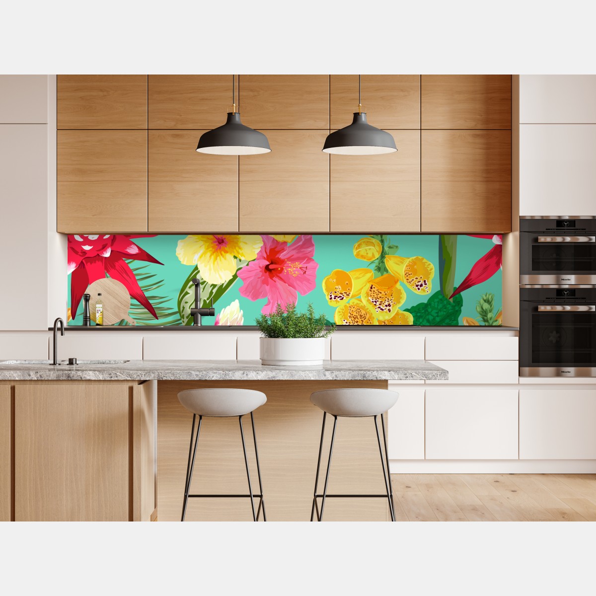 Naklejka repozycjonowalna tropikalne kwiaty na turkusowym tle – Wallissimo® Naklejka repozycjonowalna tropikalne kwiaty na turkusowym tle – Wallissimo®