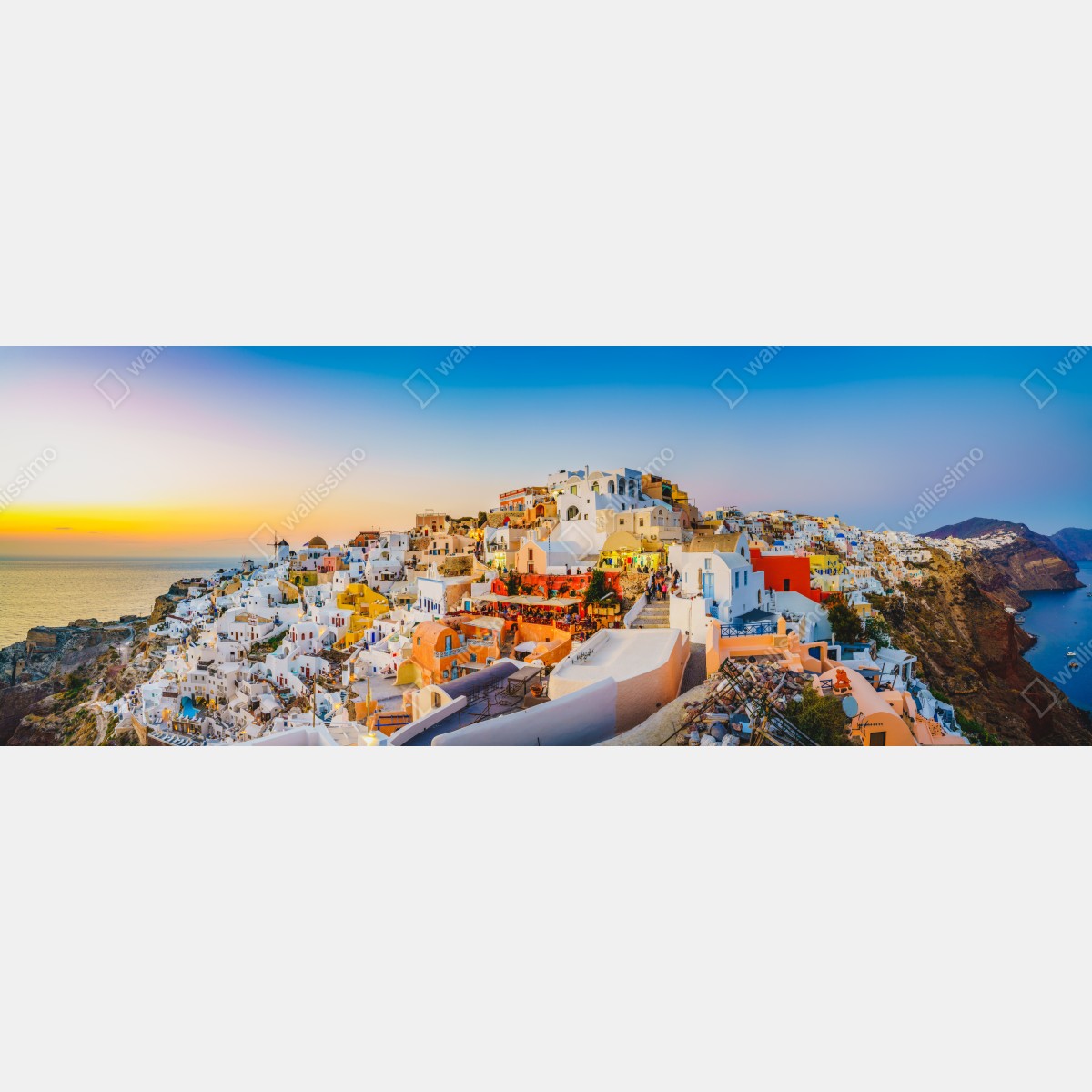 Naklejka repozycjonowalna zachód słońca nad Santorini panoramiczny widok – Wallissimo® Naklejka repozycjonowalna zachód słońca nad Santorini panoramiczny widok – Wallissimo®