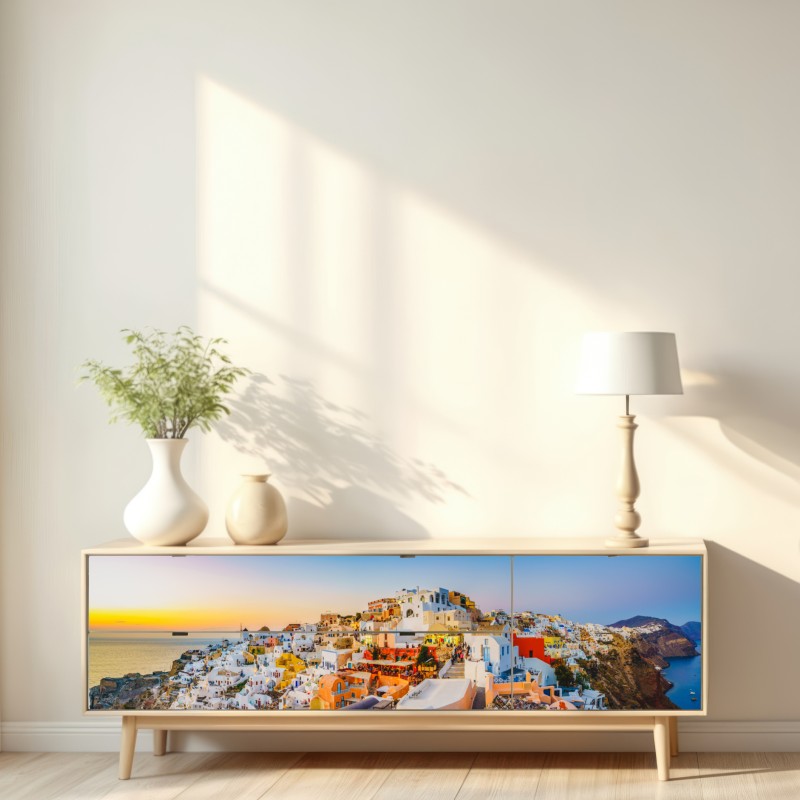 Naklejka repozycjonowalna zachód słońca nad Santorini panoramiczny widok – Wallissimo® Naklejka repozycjonowalna zachód słońca nad Santorini panoramiczny widok – Wallissimo®