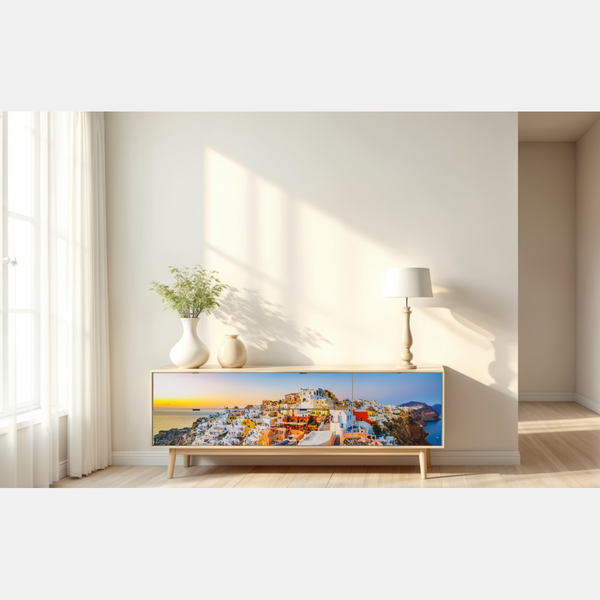 Naklejka repozycjonowalna zachód słońca nad Santorini panoramiczny widok – Wallissimo® Naklejka repozycjonowalna zachód słońca nad Santorini panoramiczny widok – Wallissimo®