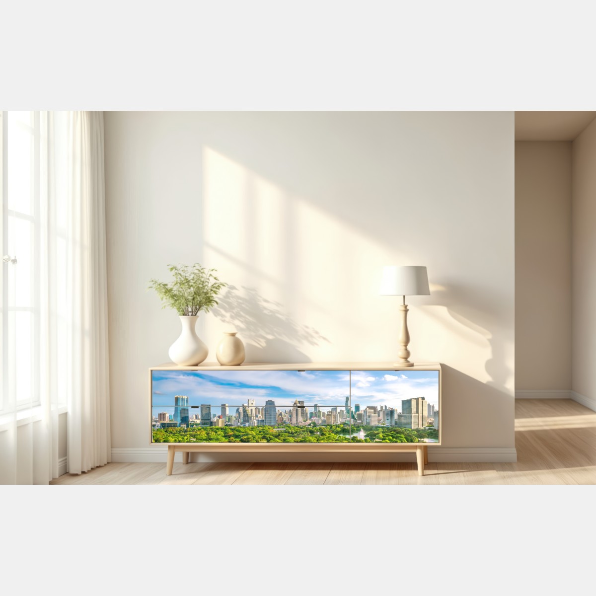 Naklejka repozycjonowalna słoneczna panorama Bangkoku nad parkiem Lumpini – Wallissimo® Naklejka repozycjonowalna słoneczna panorama Bangkoku nad parkiem Lumpini – Wallissimo®