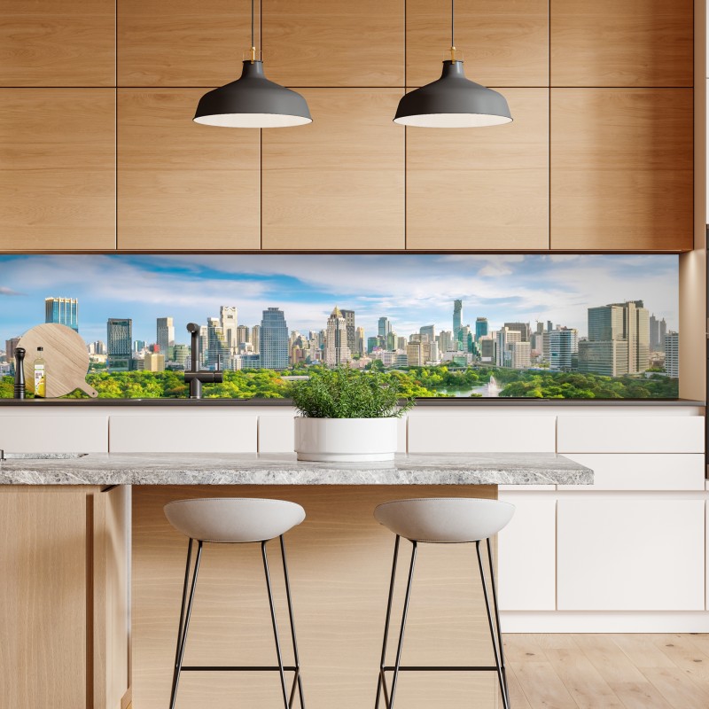 Naklejka repozycjonowalna słoneczna panorama Bangkoku nad parkiem Lumpini – Wallissimo® Naklejka repozycjonowalna słoneczna panorama Bangkoku nad parkiem Lumpini – Wallissimo®