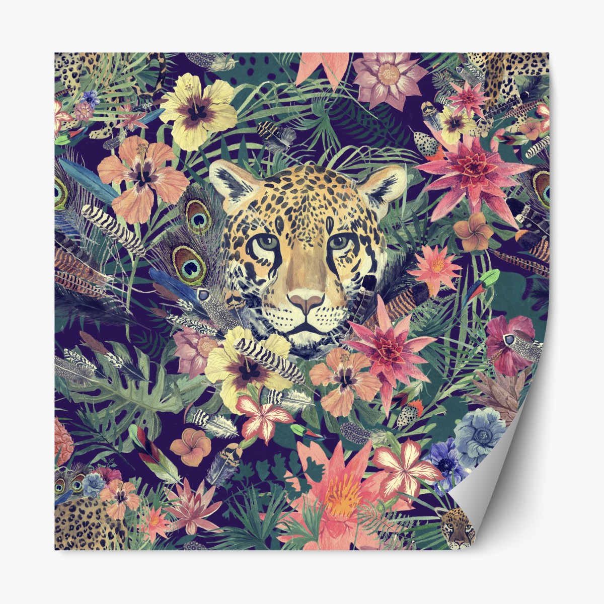 Repositionable sticker vintage watercolor leopard in tropical foliage