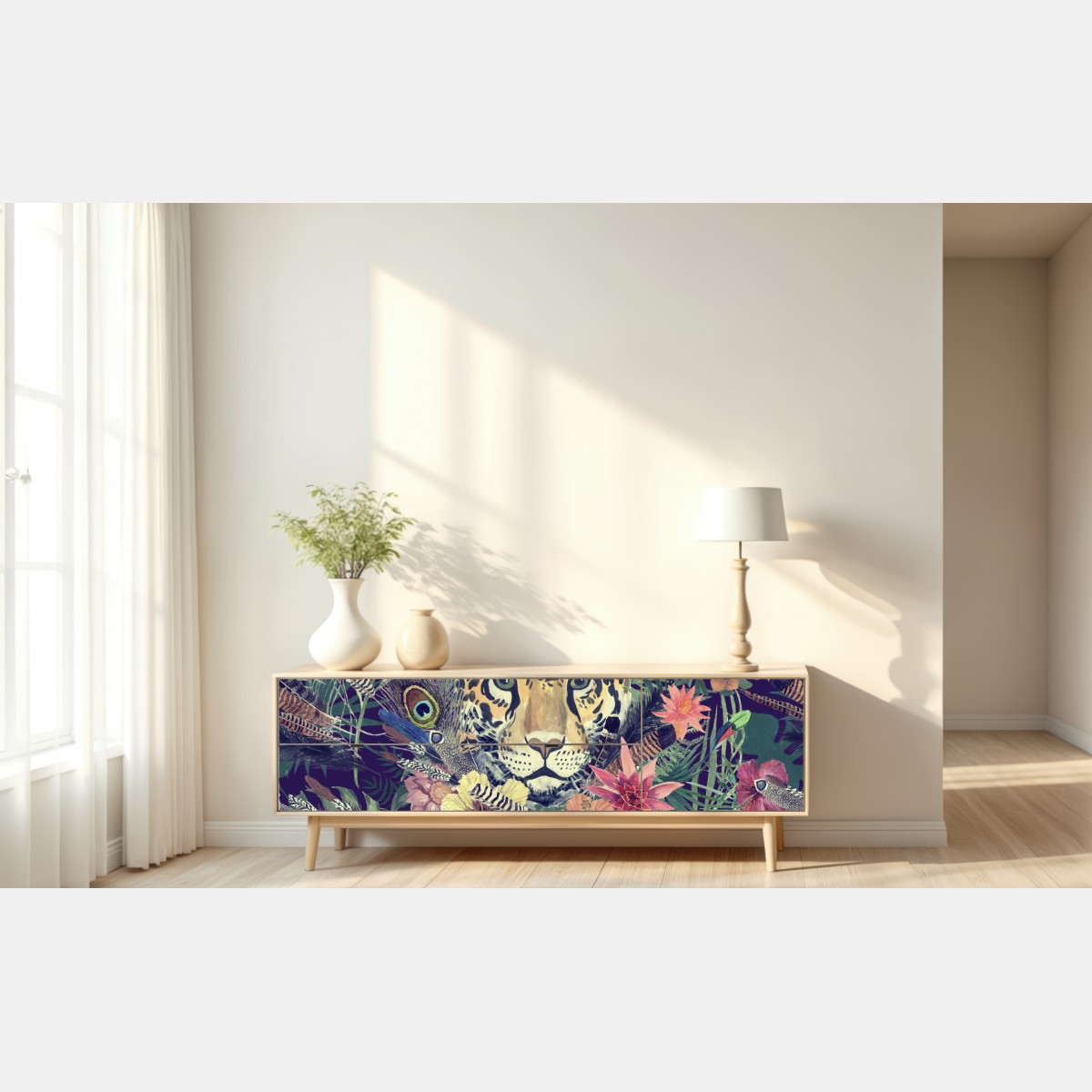 Naklejka repozycjonowalna vintage akwarelowy lampart w tropikalnych liściach – Wallissimo® Naklejka repozycjonowalna vintage akwarelowy lampart w tropikalnych liściach – Wallissimo®