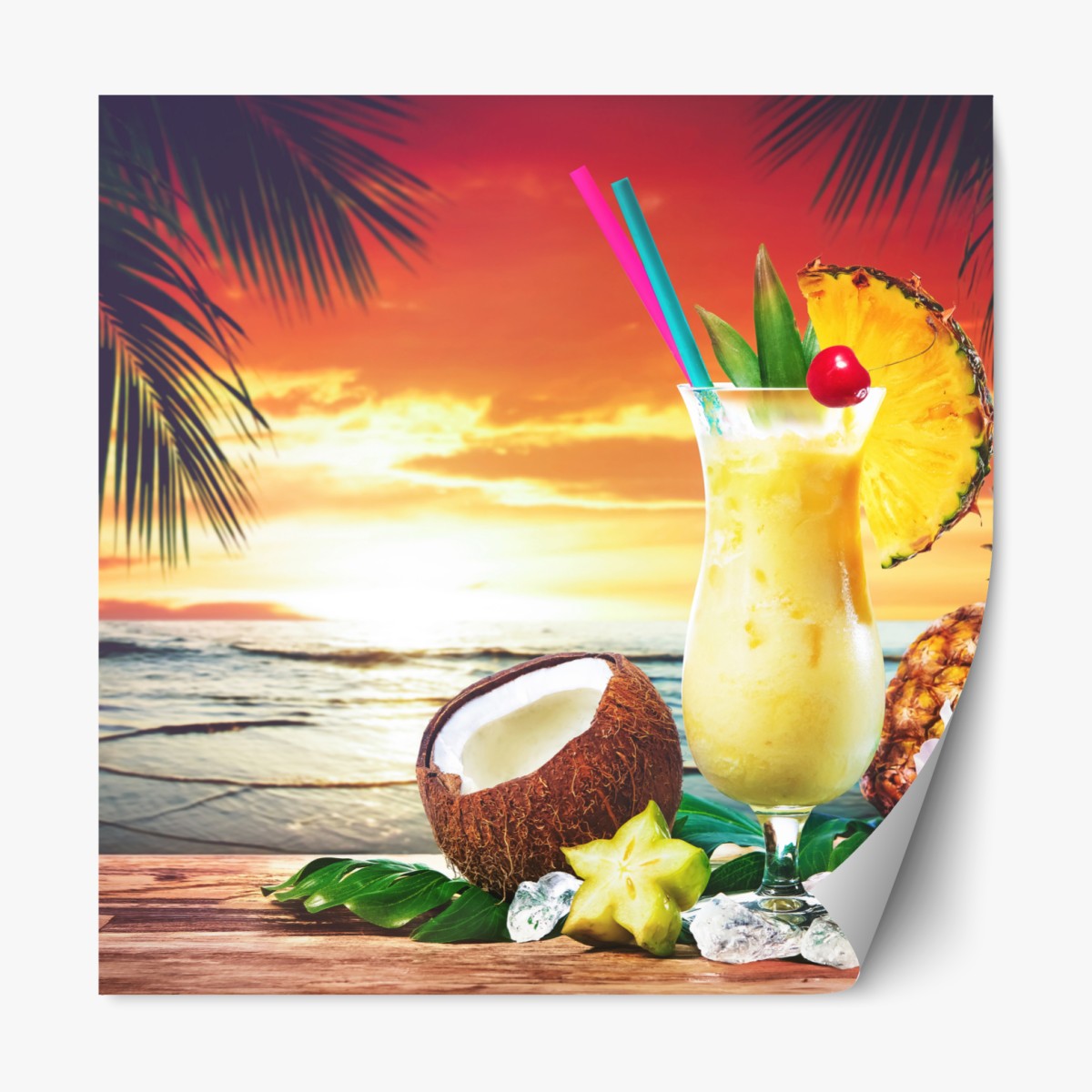 Repositionable sticker tropical pineapple and coconut sunset