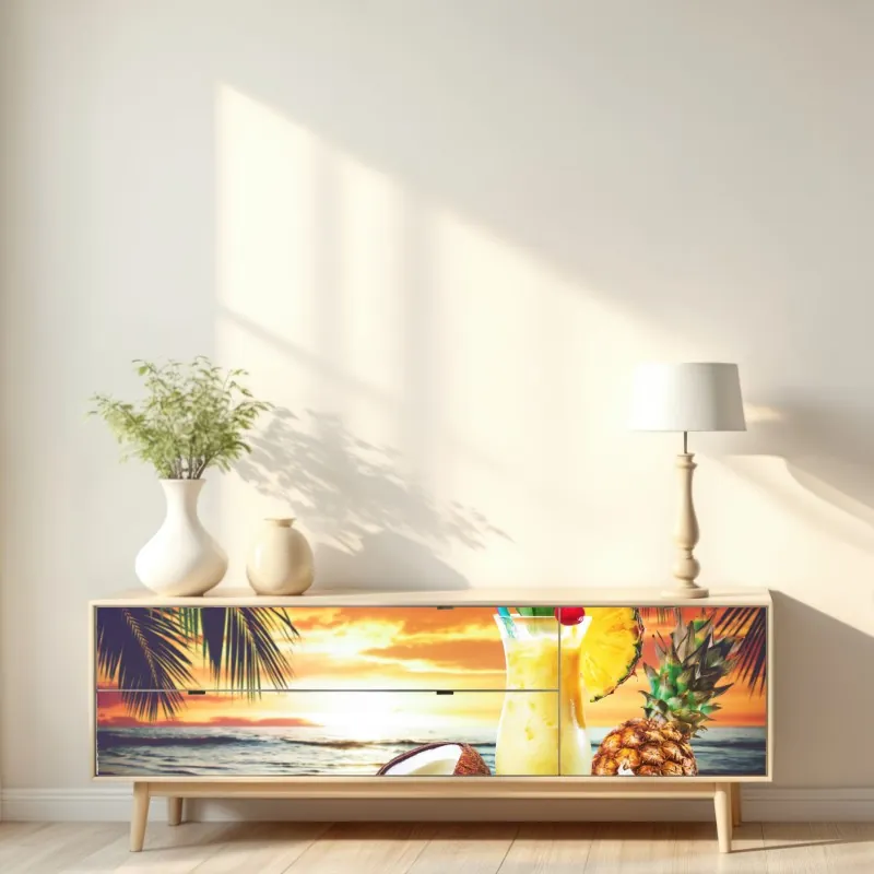 Naklejka repozycjonowalna tropikalny zachód słońca na plaży z koktajlem – Wallissimo® Naklejka repozycjonowalna tropikalny zachód słońca na plaży z koktajlem – Wallissimo®