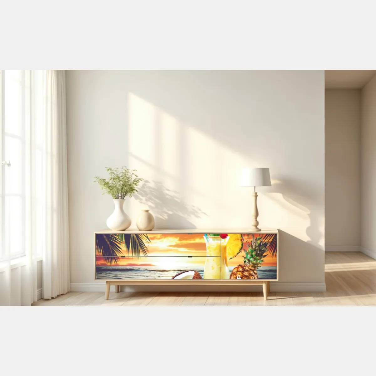 Naklejka repozycjonowalna tropikalny zachód słońca na plaży z koktajlem – Wallissimo® Naklejka repozycjonowalna tropikalny zachód słońca na plaży z koktajlem – Wallissimo®