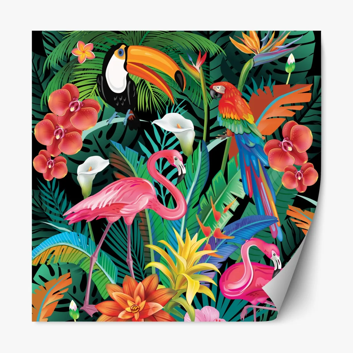 Naklejka repozycjonowalna żywe tropikalne ptaki i kwiaty – Wallissimo® Naklejka repozycjonowalna żywe tropikalne ptaki i kwiaty – Wallissimo®