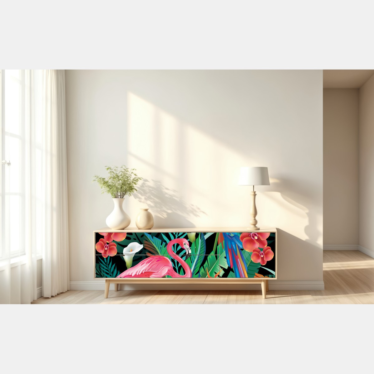 Naklejka repozycjonowalna żywe tropikalne ptaki i kwiaty – Wallissimo® Naklejka repozycjonowalna żywe tropikalne ptaki i kwiaty – Wallissimo®