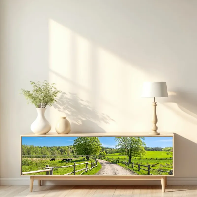 Naklejka repozycjonowalna słoneczna wiejska droga przez zielone łąki – Wallissimo® Naklejka repozycjonowalna słoneczna wiejska droga przez zielone łąki – Wallissimo®