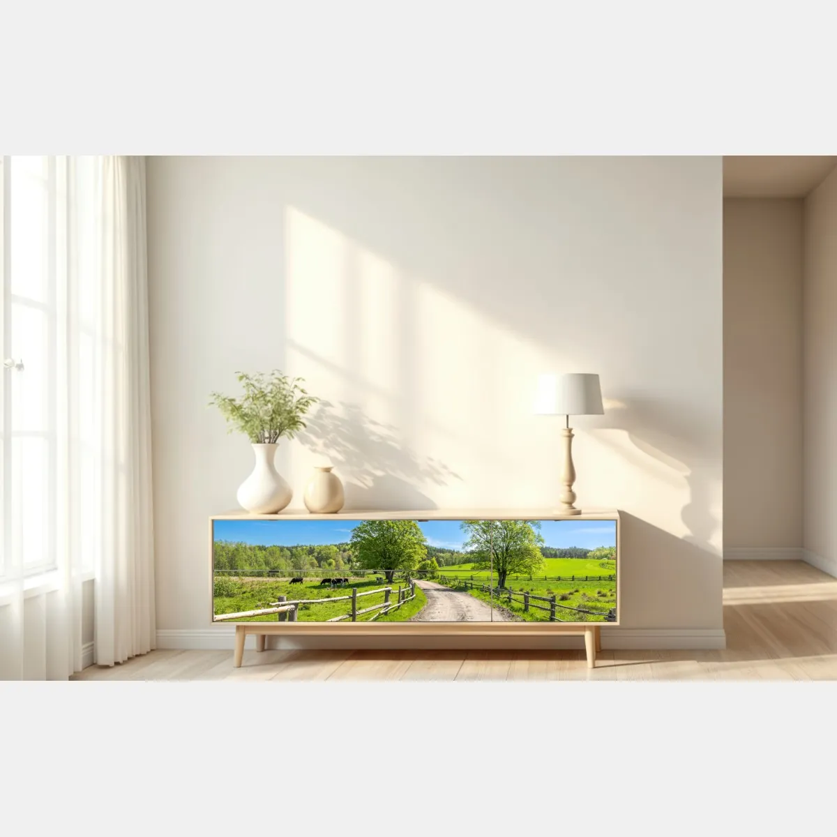 Naklejka repozycjonowalna słoneczna wiejska droga przez zielone łąki – Wallissimo® Naklejka repozycjonowalna słoneczna wiejska droga przez zielone łąki – Wallissimo®