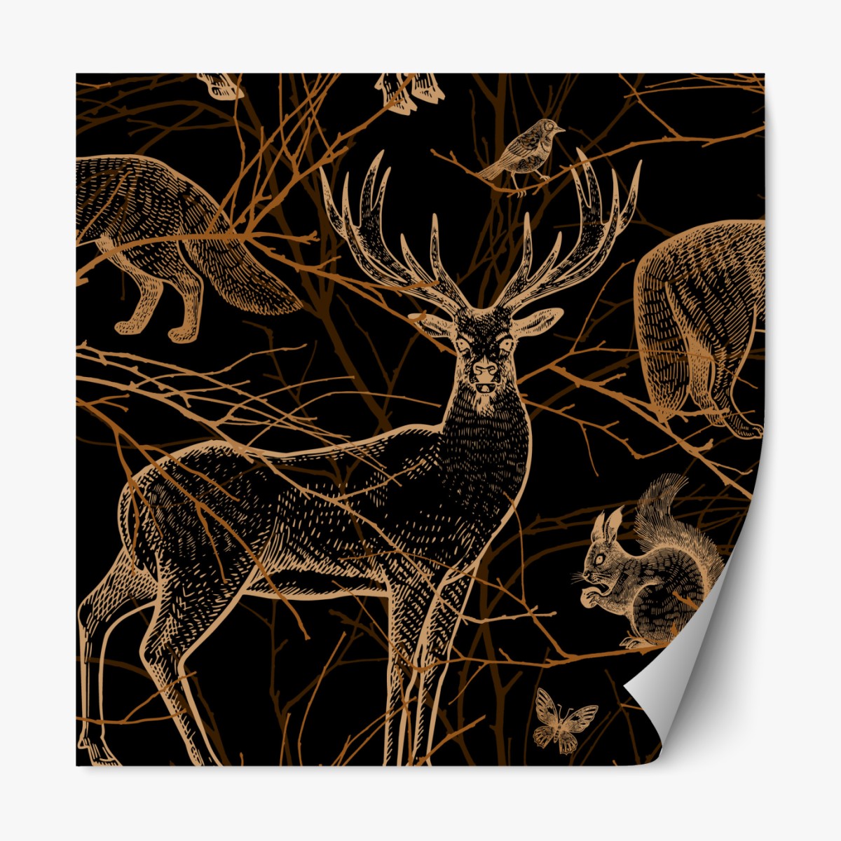 Repositionable sticker golden forest animals on black