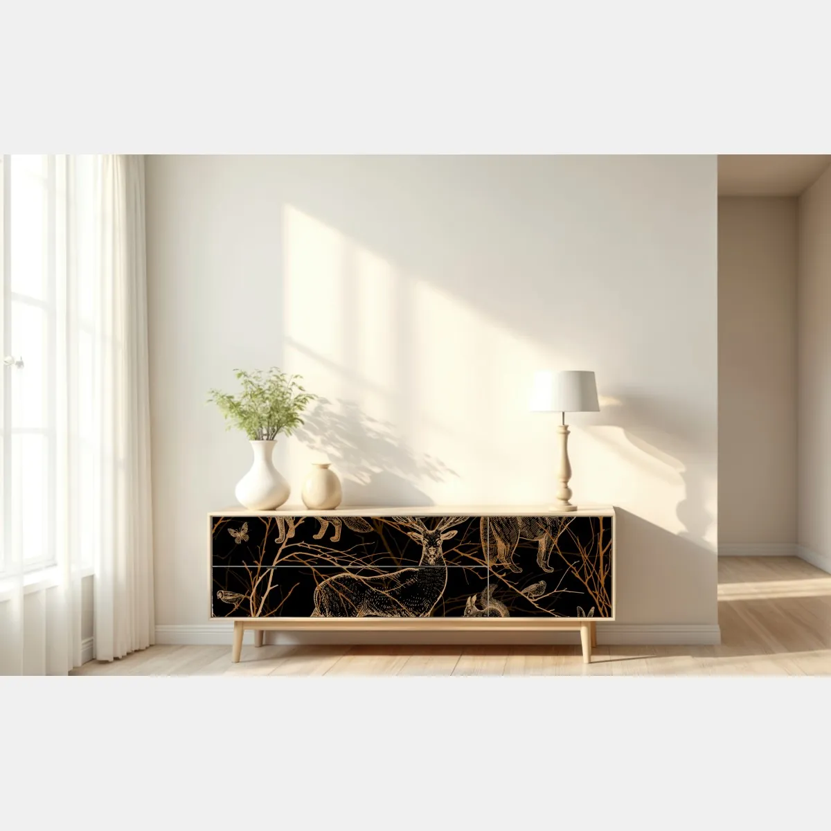 Naklejka repozycjonowalna złote zwierzęta leśne na czarnym tle – Wallissimo® Naklejka repozycjonowalna złote zwierzęta leśne na czarnym tle – Wallissimo®