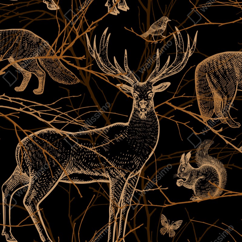 Naklejka repozycjonowalna złote zwierzęta leśne na czarnym tle – Wallissimo® Naklejka repozycjonowalna złote zwierzęta leśne na czarnym tle – Wallissimo®