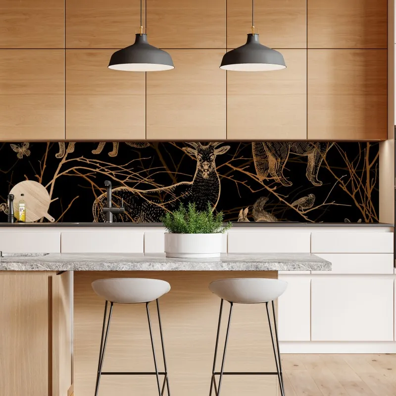 Naklejka repozycjonowalna złote zwierzęta leśne na czarnym tle – Wallissimo® Naklejka repozycjonowalna złote zwierzęta leśne na czarnym tle – Wallissimo®