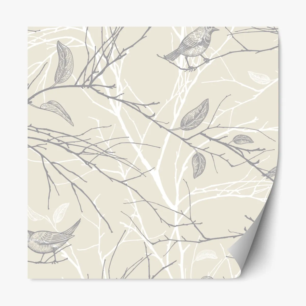 Naklejka repozycjonowalna delikatny beżowy wzór z ptakami i gałęziami – Wallissimo® Naklejka repozycjonowalna delikatny beżowy wzór z ptakami i gałęziami – Wallissimo®