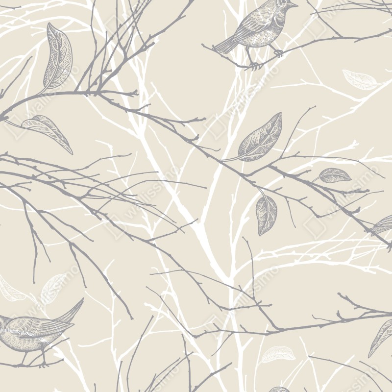Naklejka repozycjonowalna delikatny beżowy wzór z ptakami i gałęziami – Wallissimo® Naklejka repozycjonowalna delikatny beżowy wzór z ptakami i gałęziami – Wallissimo®