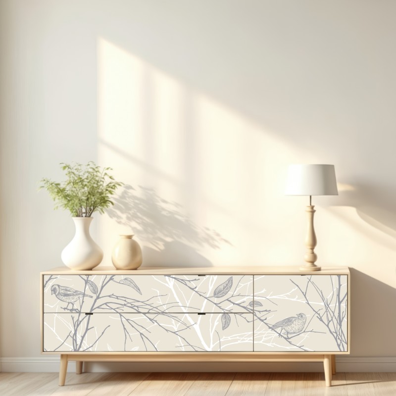 Naklejka repozycjonowalna delikatny beżowy wzór z ptakami i gałęziami – Wallissimo® Naklejka repozycjonowalna delikatny beżowy wzór z ptakami i gałęziami – Wallissimo®