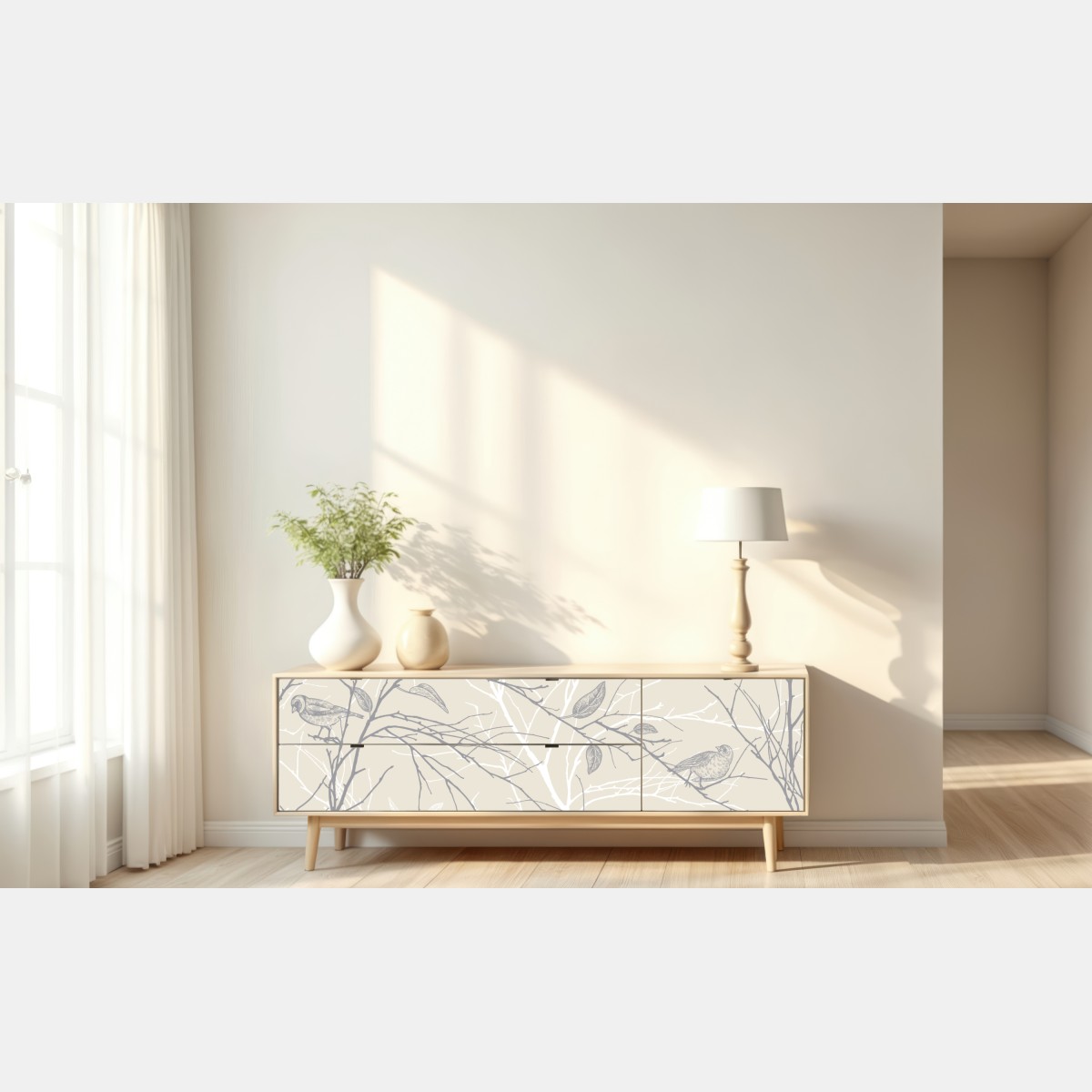 Naklejka repozycjonowalna delikatny beżowy wzór z ptakami i gałęziami – Wallissimo® Naklejka repozycjonowalna delikatny beżowy wzór z ptakami i gałęziami – Wallissimo®