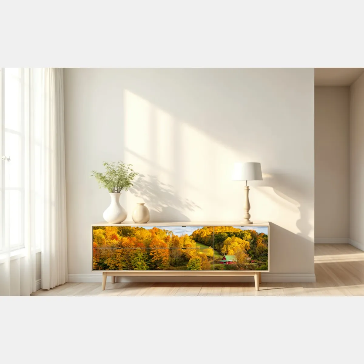 Naklejka repozycjonowalna jesienny krajobraz wiejski z czerwoną stodołą – Wallissimo® Naklejka repozycjonowalna jesienny krajobraz wiejski z czerwoną stodołą – Wallissimo®