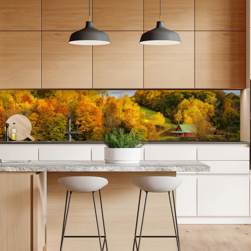 Naklejka repozycjonowalna jesienny krajobraz wiejski z czerwoną stodołą – Wallissimo® Naklejka repozycjonowalna jesienny krajobraz wiejski z czerwoną stodołą – Wallissimo®