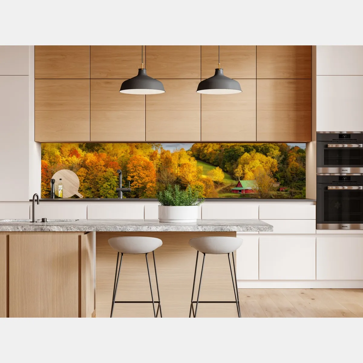 Naklejka repozycjonowalna jesienny krajobraz wiejski z czerwoną stodołą – Wallissimo® Naklejka repozycjonowalna jesienny krajobraz wiejski z czerwoną stodołą – Wallissimo®