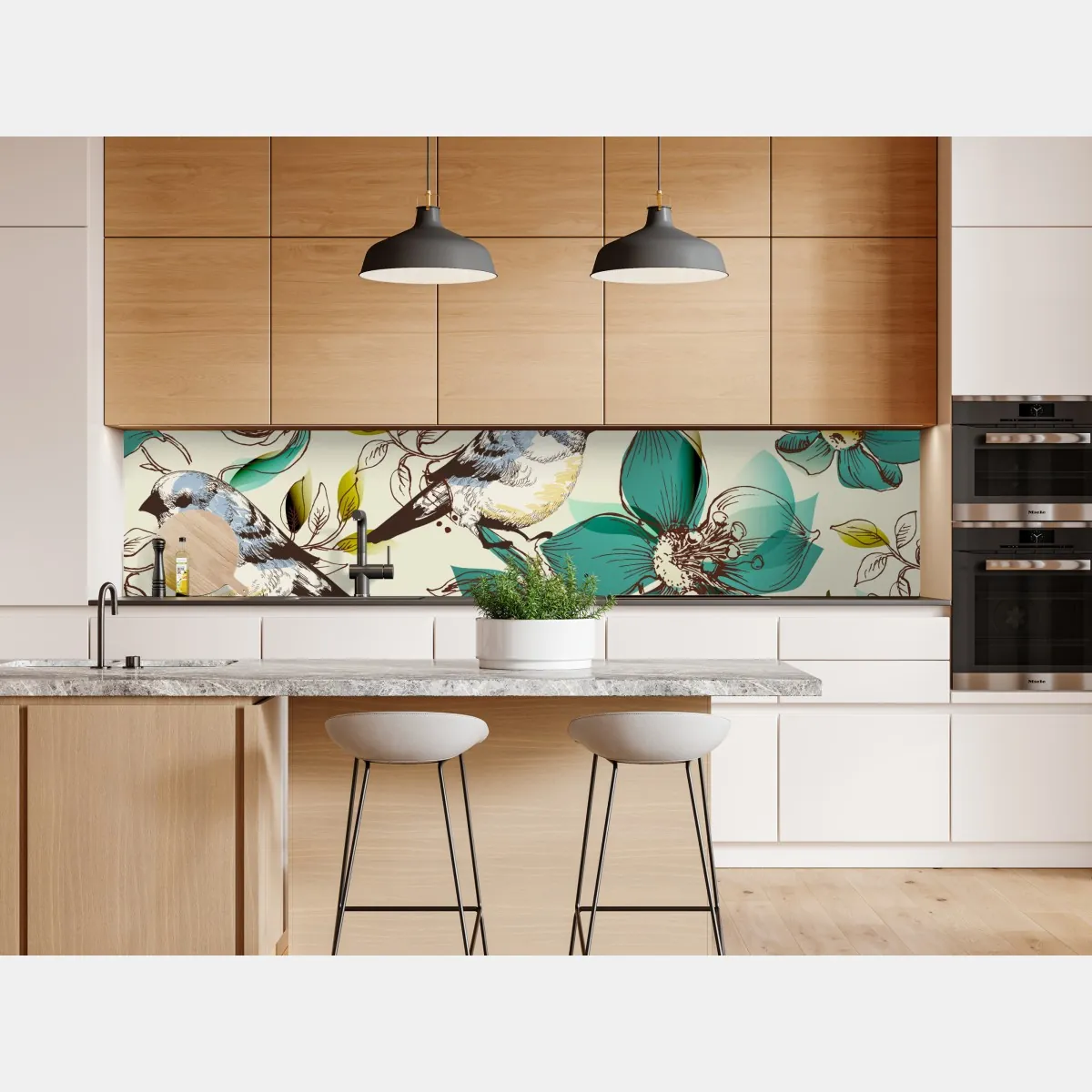 Naklejka repozycjonowalna retro miętowy wzór kwiatów i ptaków – Wallissimo® Naklejka repozycjonowalna retro miętowy wzór kwiatów i ptaków – Wallissimo®