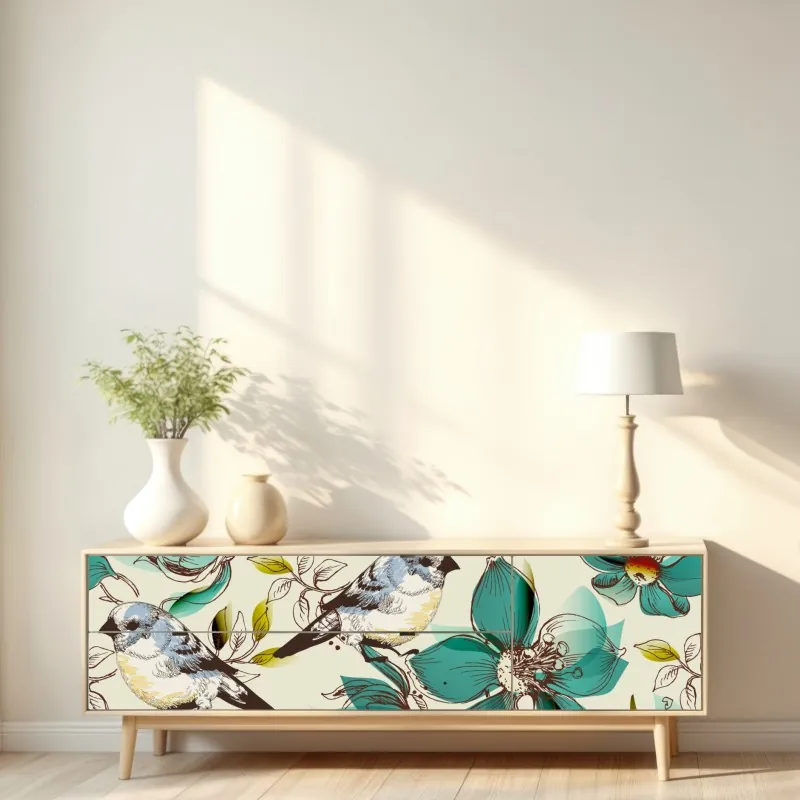 Naklejka repozycjonowalna retro miętowy wzór kwiatów i ptaków – Wallissimo® Naklejka repozycjonowalna retro miętowy wzór kwiatów i ptaków – Wallissimo®