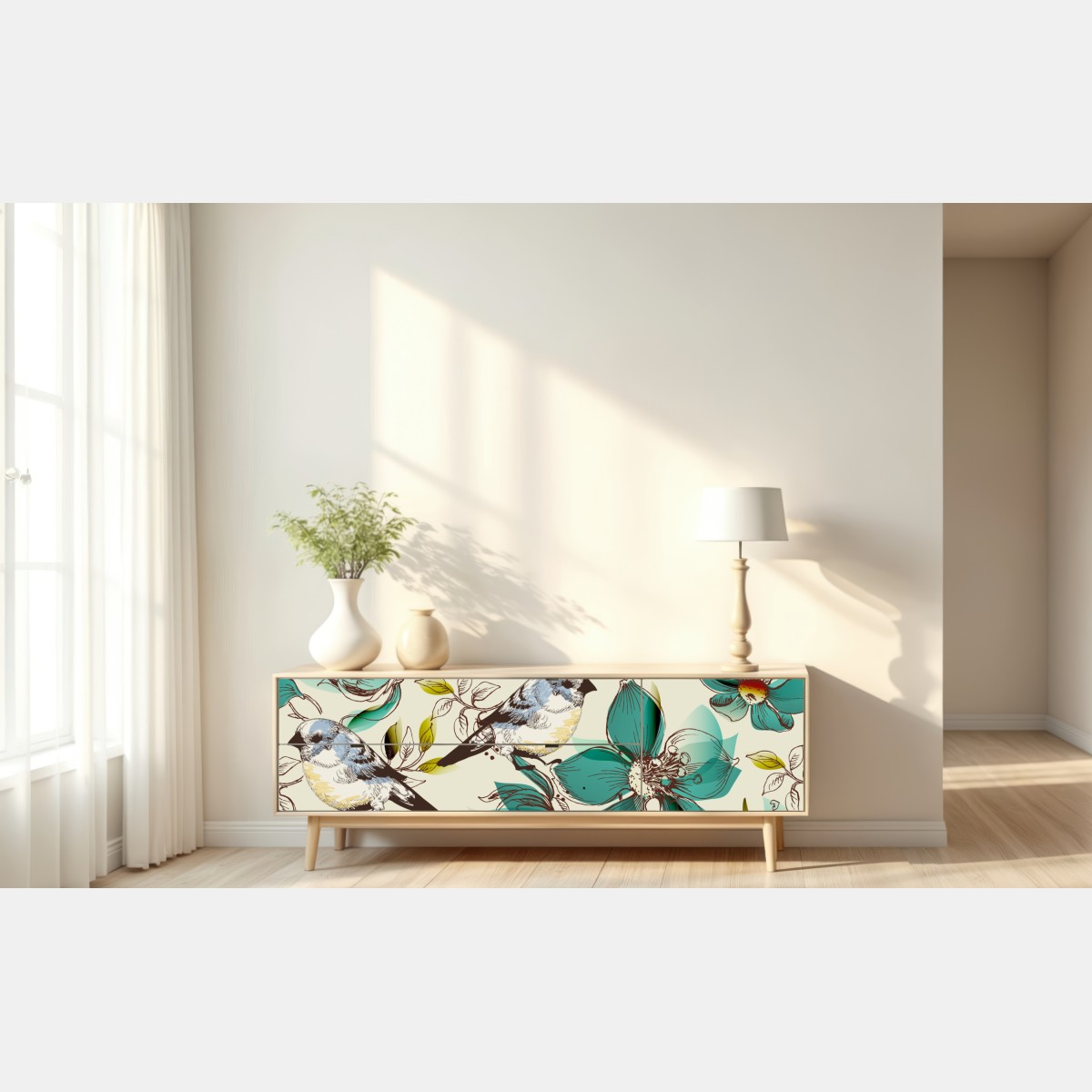 Naklejka repozycjonowalna retro miętowy wzór kwiatów i ptaków – Wallissimo® Naklejka repozycjonowalna retro miętowy wzór kwiatów i ptaków – Wallissimo®