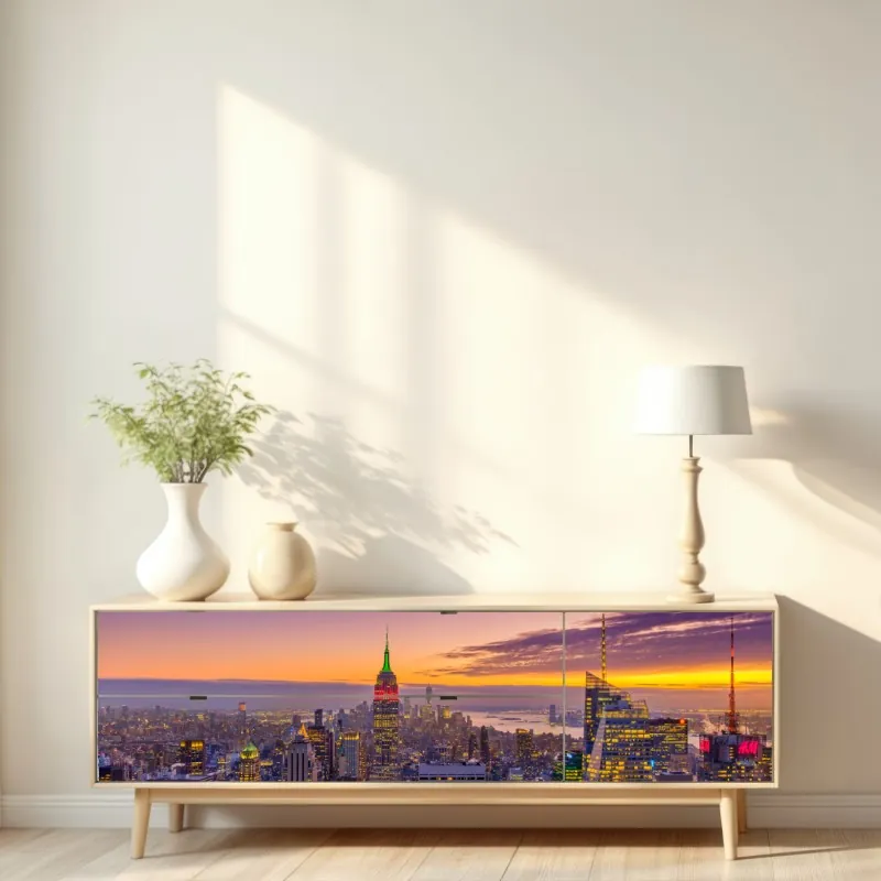 Naklejka repozycjonowalna żywa panorama Nowego Jorku o zmierzchu – Wallissimo® Naklejka repozycjonowalna żywa panorama Nowego Jorku o zmierzchu – Wallissimo®