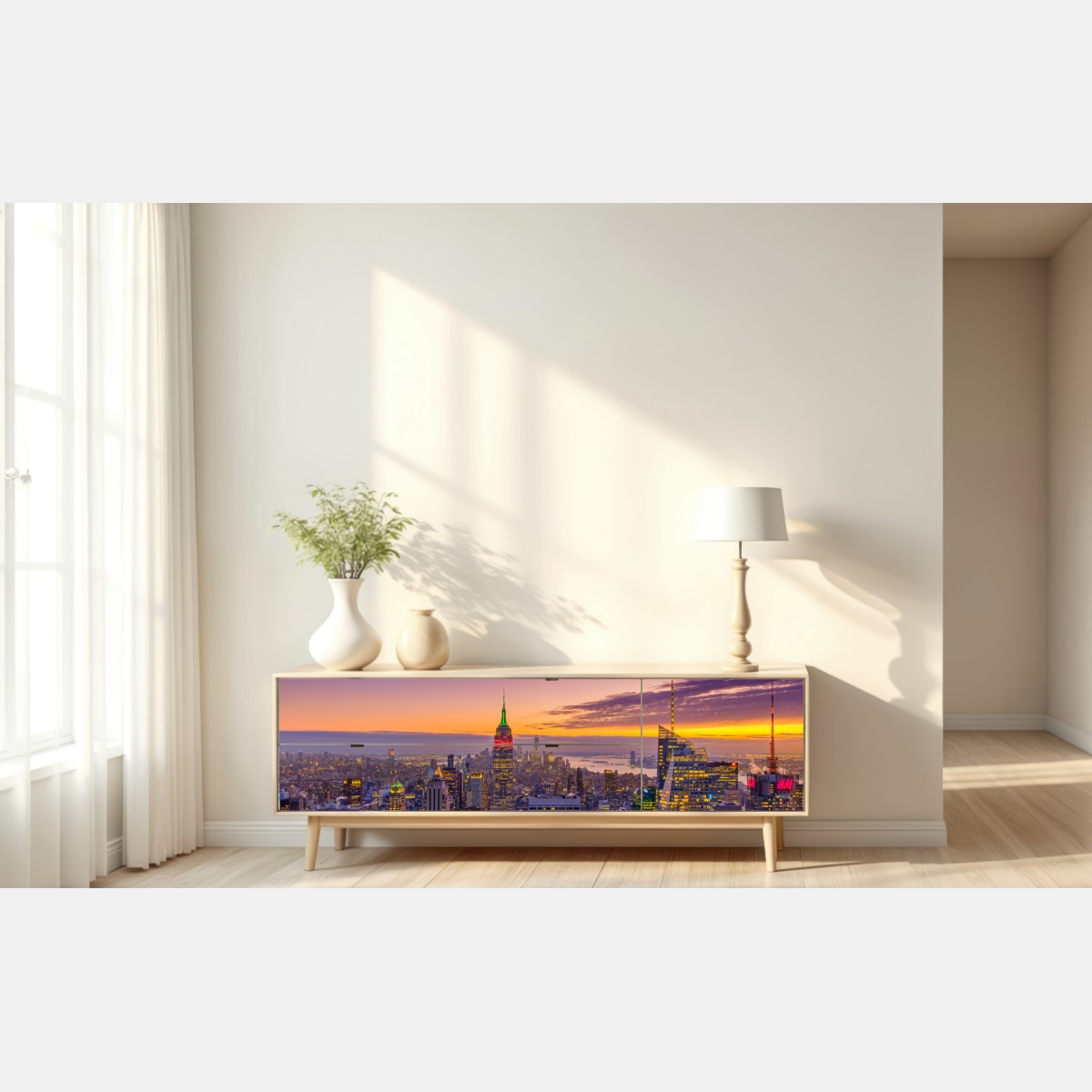 Naklejka repozycjonowalna żywa panorama Nowego Jorku o zmierzchu – Wallissimo® Naklejka repozycjonowalna żywa panorama Nowego Jorku o zmierzchu – Wallissimo®