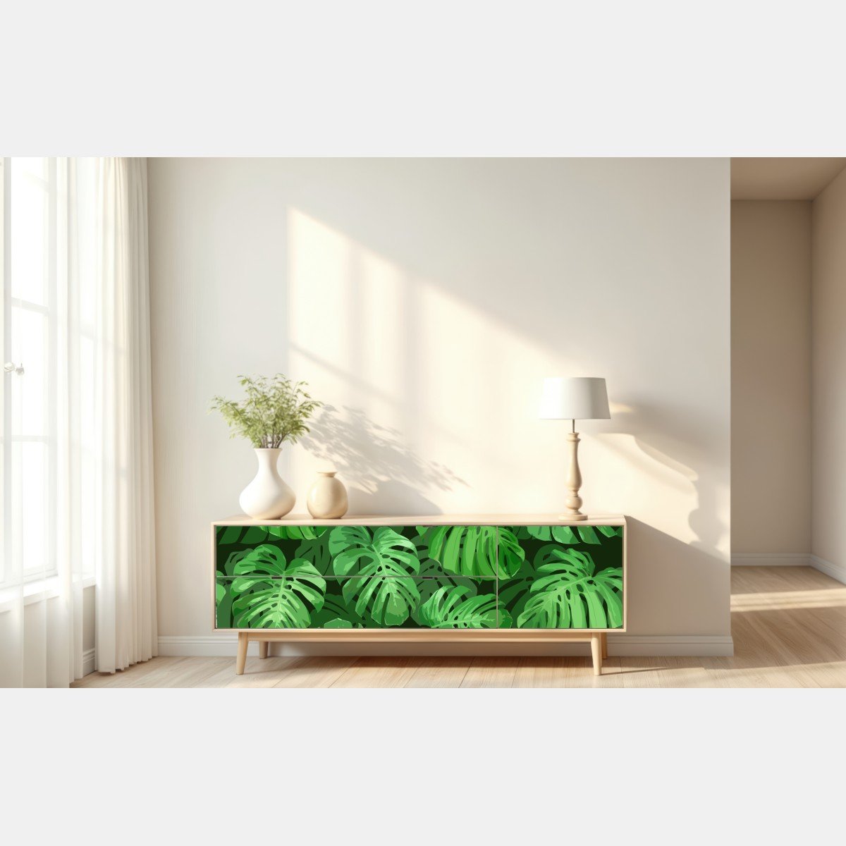 Naklejka repozycjonowalna tropikalny wzór z liśćmi monstery – Wallissimo® Naklejka repozycjonowalna tropikalny wzór z liśćmi monstery – Wallissimo®