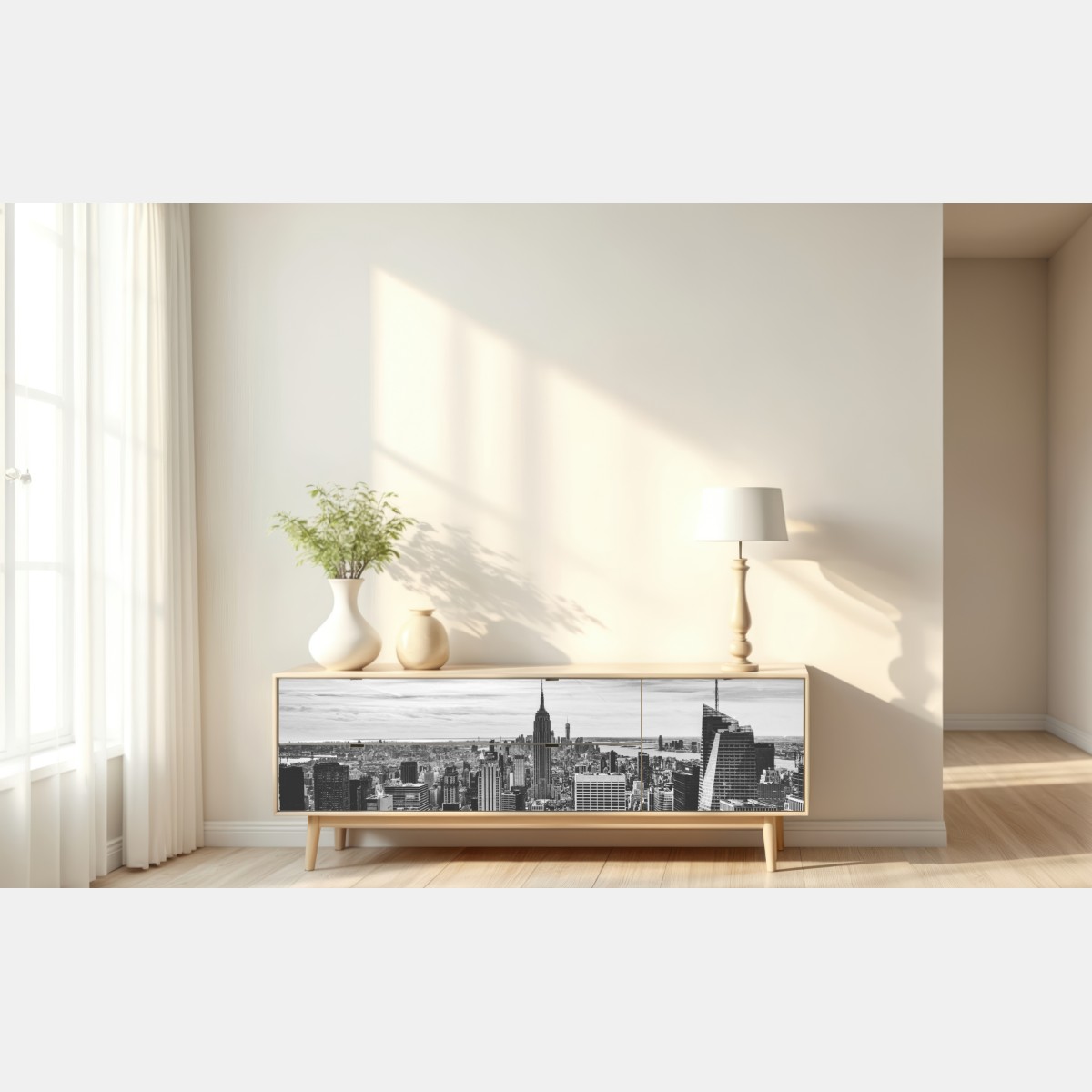 Naklejka repozycjonowalna panorama Nowego Jorku w odcieniach szarości – Wallissimo® Naklejka repozycjonowalna panorama Nowego Jorku w odcieniach szarości – Wallissimo®