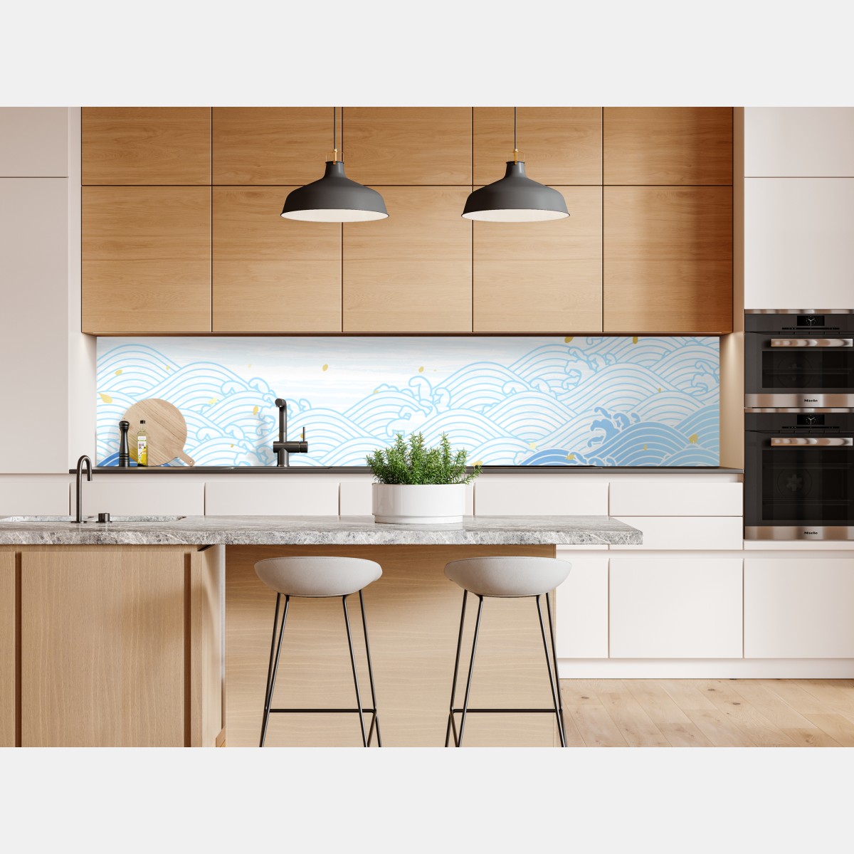 Naklejka repozycjonowalna spokojne niebieskie fale ze złotymi akcentami – Wallissimo® Naklejka repozycjonowalna spokojne niebieskie fale ze złotymi akcentami – Wallissimo®