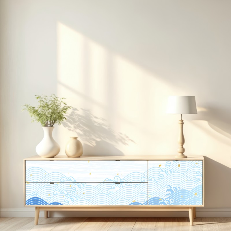 Naklejka repozycjonowalna spokojne niebieskie fale ze złotymi akcentami – Wallissimo® Naklejka repozycjonowalna spokojne niebieskie fale ze złotymi akcentami – Wallissimo®