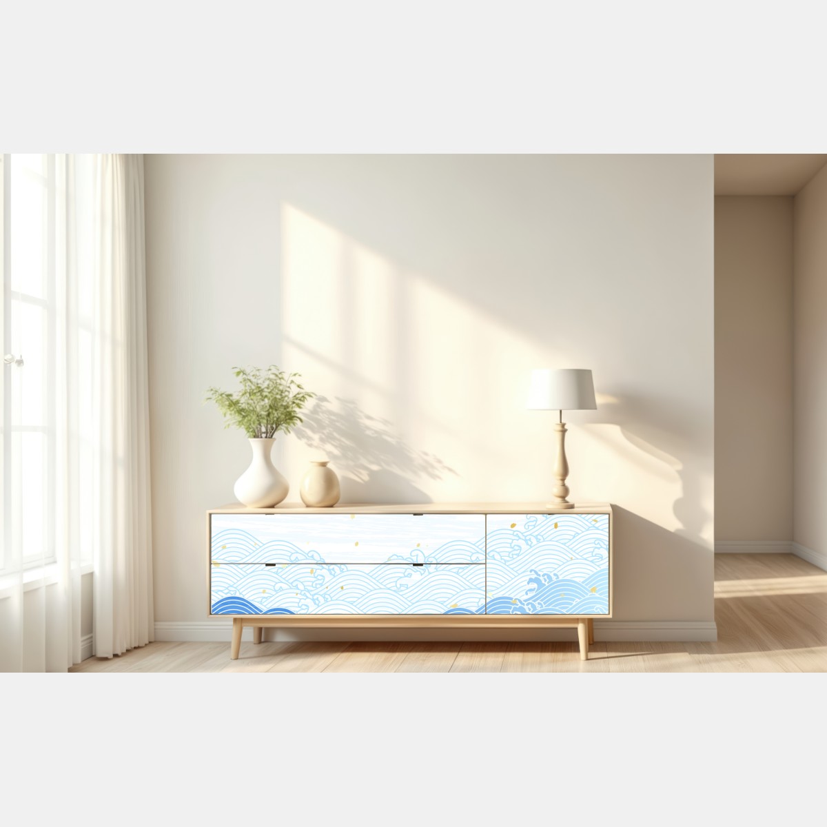 Naklejka repozycjonowalna spokojne niebieskie fale ze złotymi akcentami – Wallissimo® Naklejka repozycjonowalna spokojne niebieskie fale ze złotymi akcentami – Wallissimo®
