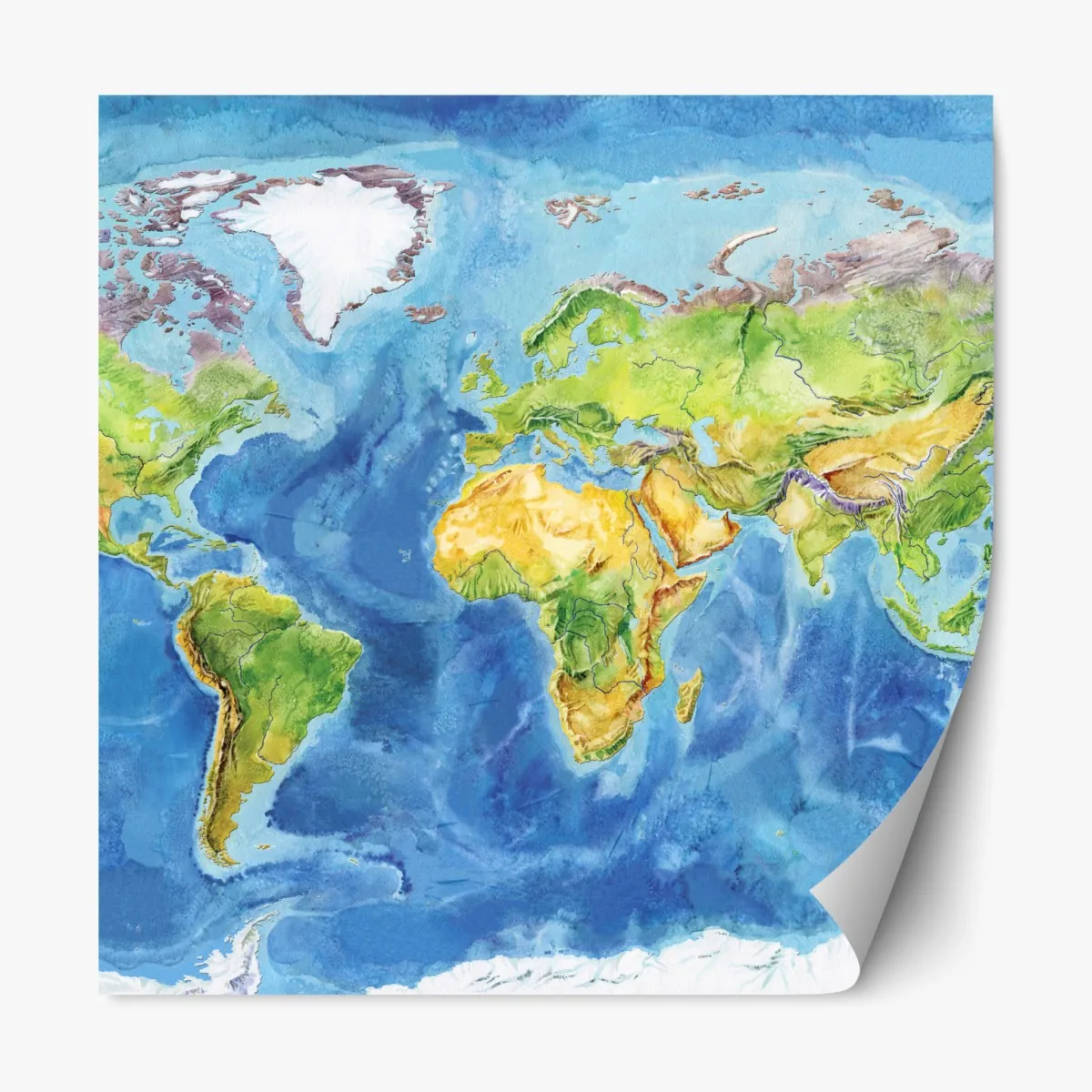 Naklejka repozycjonowalna akwarelowa mapa fizyczna świata – Wallissimo® Naklejka repozycjonowalna akwarelowa mapa fizyczna świata – Wallissimo®