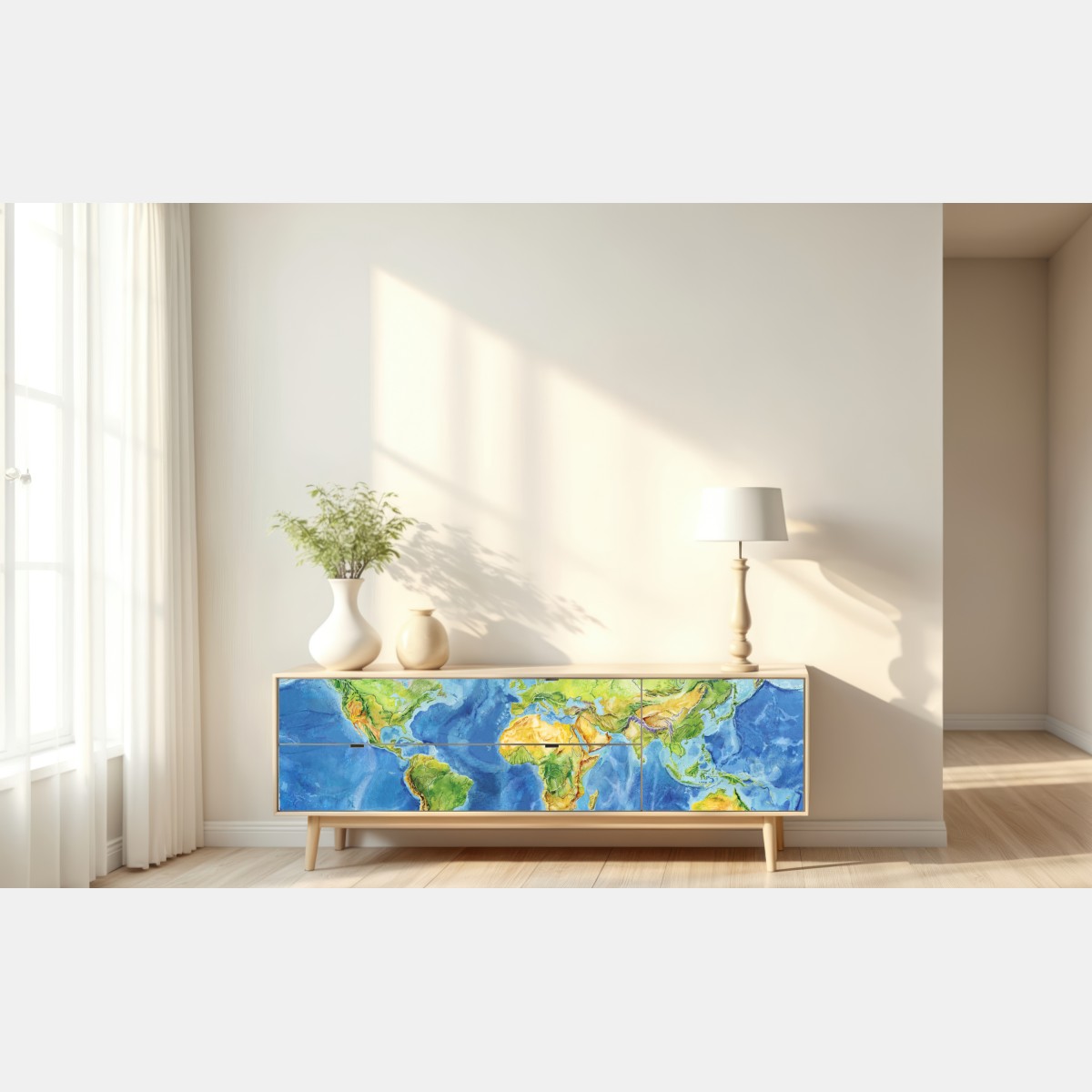 Naklejka repozycjonowalna akwarelowa mapa fizyczna świata – Wallissimo® Naklejka repozycjonowalna akwarelowa mapa fizyczna świata – Wallissimo®