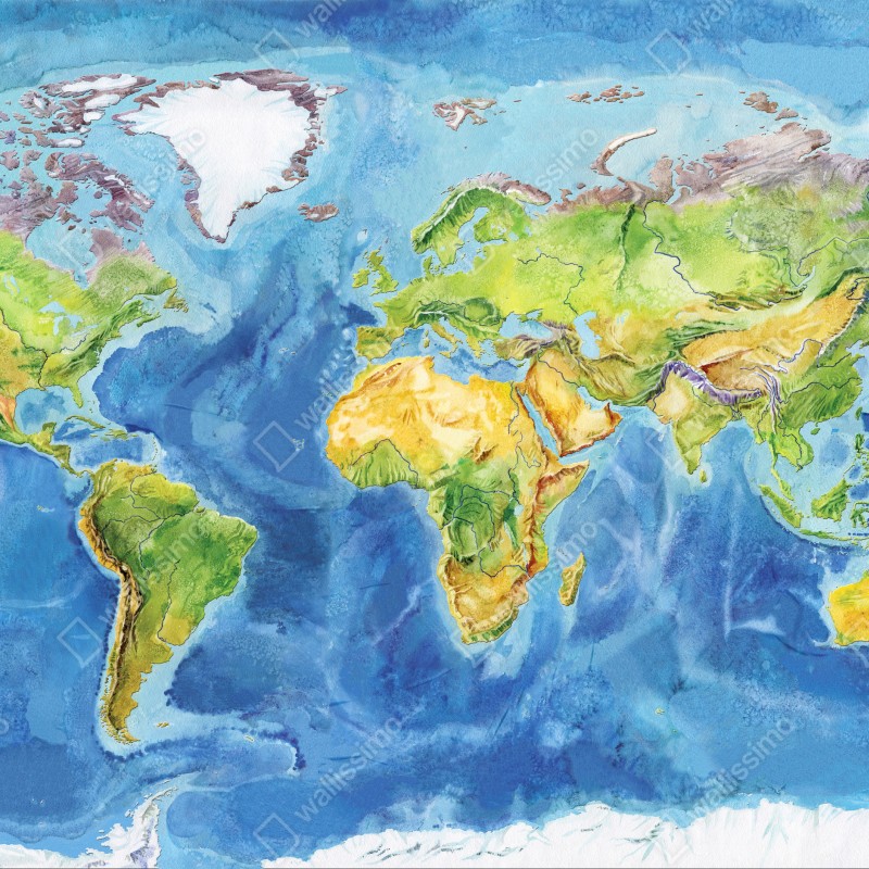 Naklejka repozycjonowalna akwarelowa mapa fizyczna świata – Wallissimo® Naklejka repozycjonowalna akwarelowa mapa fizyczna świata – Wallissimo®