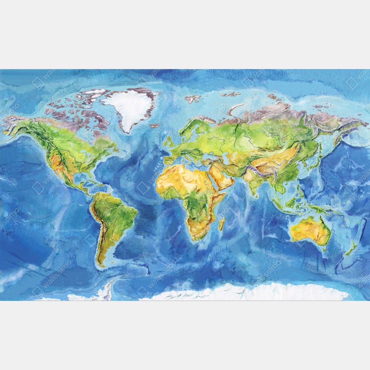 Naklejka repozycjonowalna akwarelowa mapa fizyczna świata – Wallissimo® Naklejka repozycjonowalna akwarelowa mapa fizyczna świata – Wallissimo®