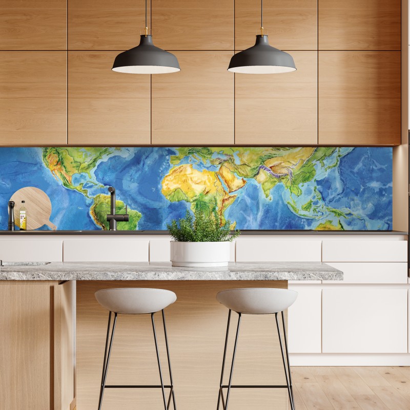 Naklejka repozycjonowalna akwarelowa mapa fizyczna świata – Wallissimo® Naklejka repozycjonowalna akwarelowa mapa fizyczna świata – Wallissimo®