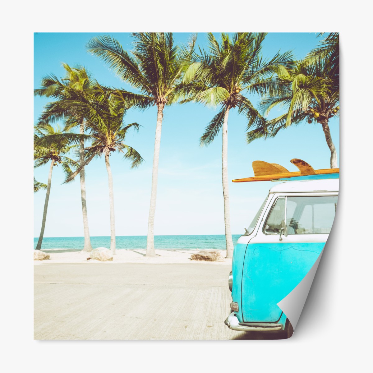 Repositionable sticker vintage surf van at tropical beach