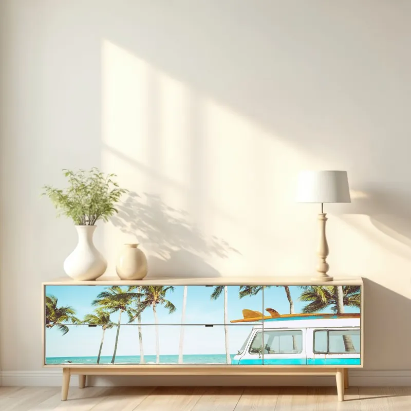 Naklejka repozycjonowalna stary furgon z deską surfingową na tropikalnej plaży – Wallissimo® Naklejka repozycjonowalna stary furgon z deską surfingową na tropikalnej plaży – Wallissimo®