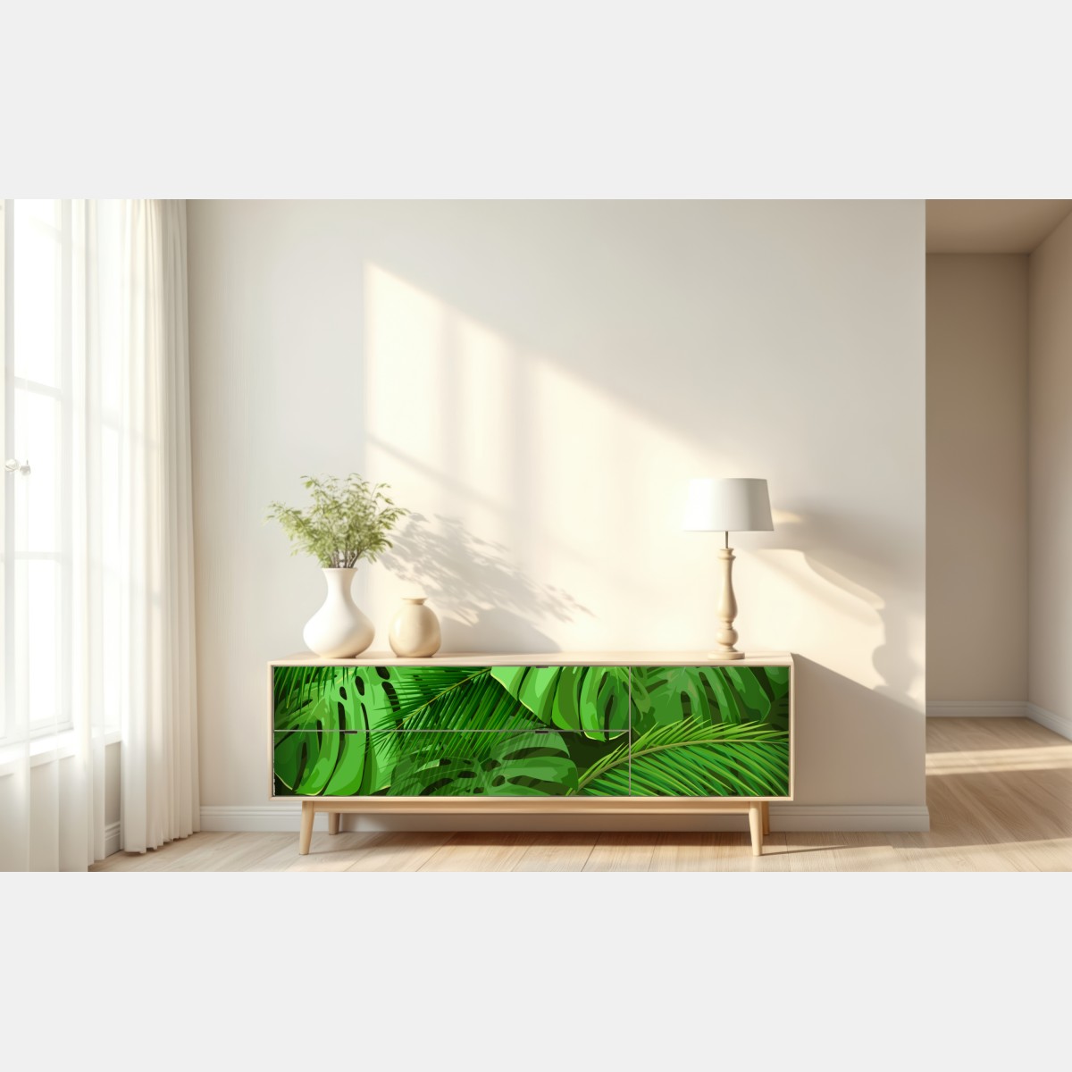 Naklejka repozycjonowalna bujne tropikalne liście monstery i palmy – Wallissimo® Naklejka repozycjonowalna bujne tropikalne liście monstery i palmy – Wallissimo®