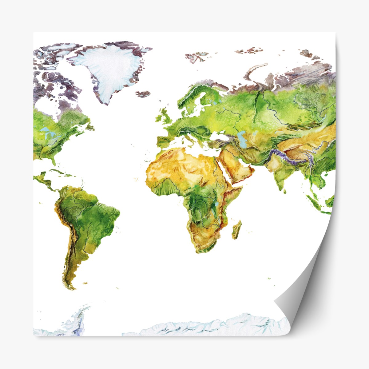 Repositionable sticker watercolor physical map of the world
